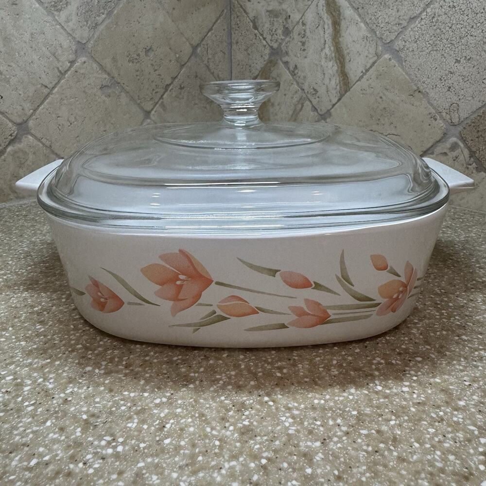 Vintage 1987 Corning Ware Peach Floral A-2-B Casserole Dish 2 Liter Pyrex Lid